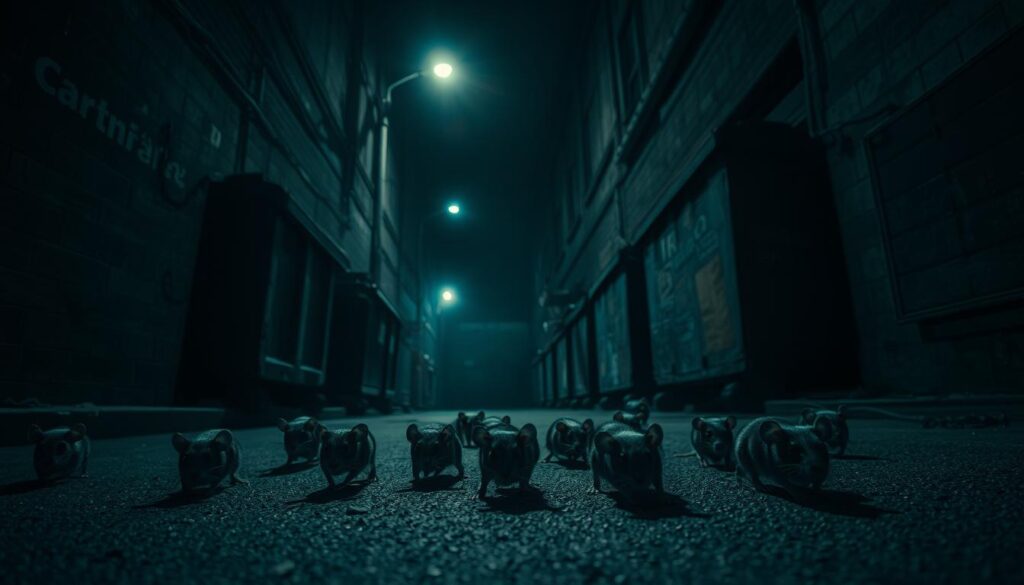 An ominous alleyway at night, dim streetlights casting eerie shadows. In the foreground, a group of rats scurry across the pavement, their beady eyes reflecting the glow. Towering dumpsters and weathered walls create a claustrophobic middle ground, while the background is shrouded in deep, unsettling darkness. The scene conveys a sense of disease, decay, and the potential for the rats to pose a serious threat to human health and safety. A wide-angle lens captures the gritty, unsettling atmosphere, while low-key lighting heightens the sense of danger and unease.