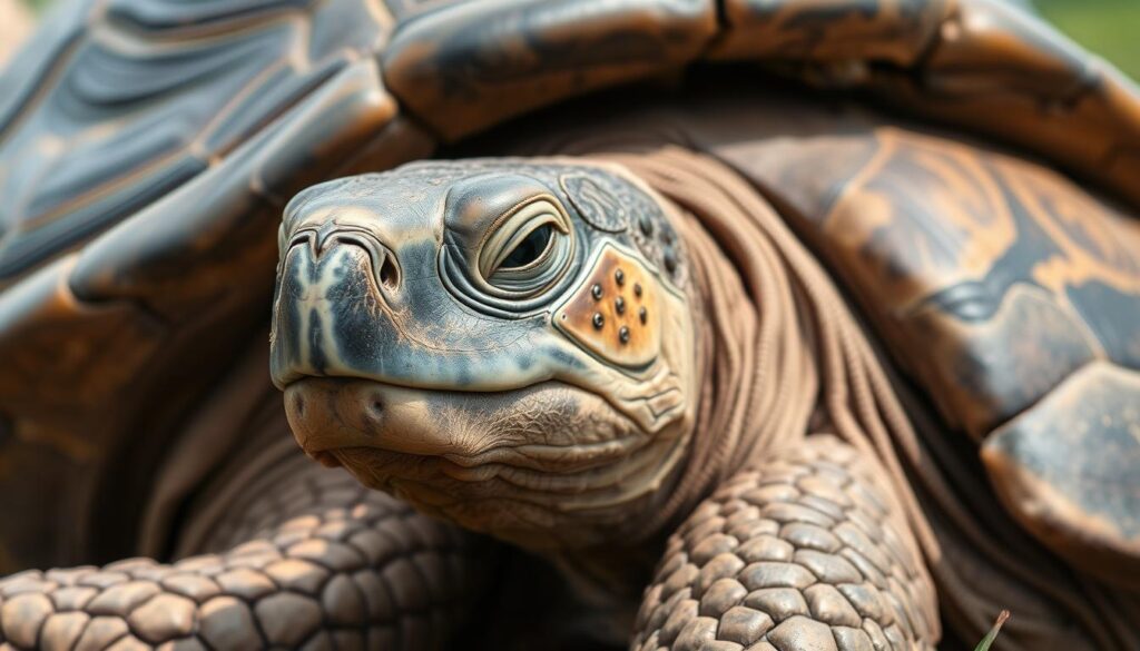 Detailed close-up portrait of a majestic long-lived turtle, with distinct scutes on its shell and wrinkled skin reflecting its advanced age. The turtle is resting peacefully in a serene natural setting, with soft natural lighting illuminating its weathered features. The background is slightly blurred, allowing the turtle to be the focal point, conveying a sense of tranquility and the turtle's remarkable longevity. The composition emphasizes the turtle's resilience and ancient origins, capturing the essence of why these creatures are considered symbols of longevity.