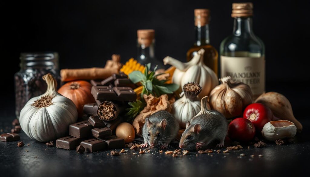 Detailed still life of an assortment of common household foods that are dangerous for rats to consume, shot with a sharp focus on a dark, moody backdrop. Prominently featured are a selection of toxic ingredients such as chocolate, onions, garlic, and alcohol, arranged in a way that conveys their lethal threat to the small rodents. The lighting is low-key and dramatic, casting deep shadows to heighten the sense of peril. The overall composition evokes a sense of cautionary warning, emphasizing the risks these everyday human foods pose to the health and wellbeing of pet or wild rats.