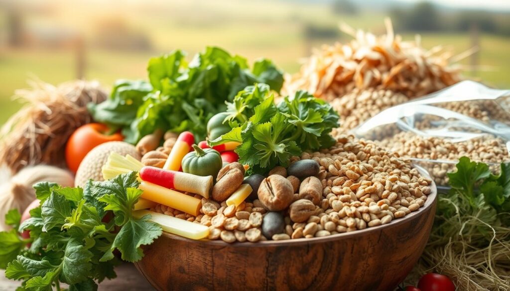 A bountiful array of high-quality rabbit food, captured in a warm, natural light. In the foreground, an assortment of lush, leafy greens and crunchy vegetables spill forth from a rustic wooden bowl. The middle ground showcases a variety of wholesome grains, hay, and pellets, each element expertly selected to provide a balanced, nutrient-rich diet. In the background, a soft, blurred landscape hints at the pastoral setting where this nourishing fare is sourced. The overall scene radiates a sense of quality, abundance, and care, perfectly suited to illustrate the section on comprehensive rabbit nutrition.