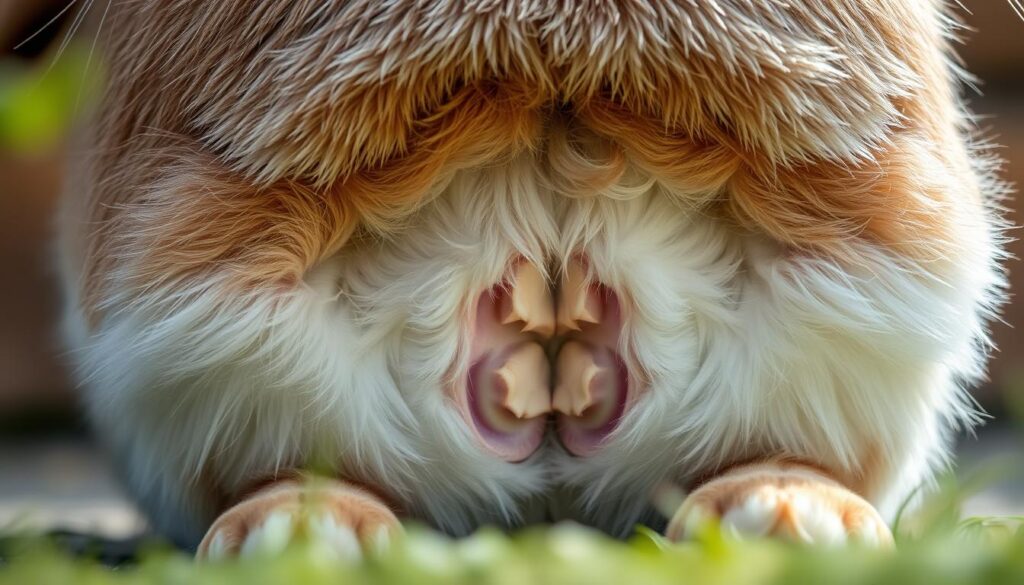 A close-up view of a rabbit's belly, captured in natural lighting that highlights the soft, velvety fur. The foreground focuses on the rabbit's abdomen, with a shallow depth of field that blurs the background. The image showcases the intricate pattern of the rabbit's teats, providing a detailed and educational perspective on the anatomy of this beloved mammal. The overall mood is one of scientific curiosity and appreciation for the natural world, inviting the viewer to explore the fascinating characteristics of this fascinating creature.
