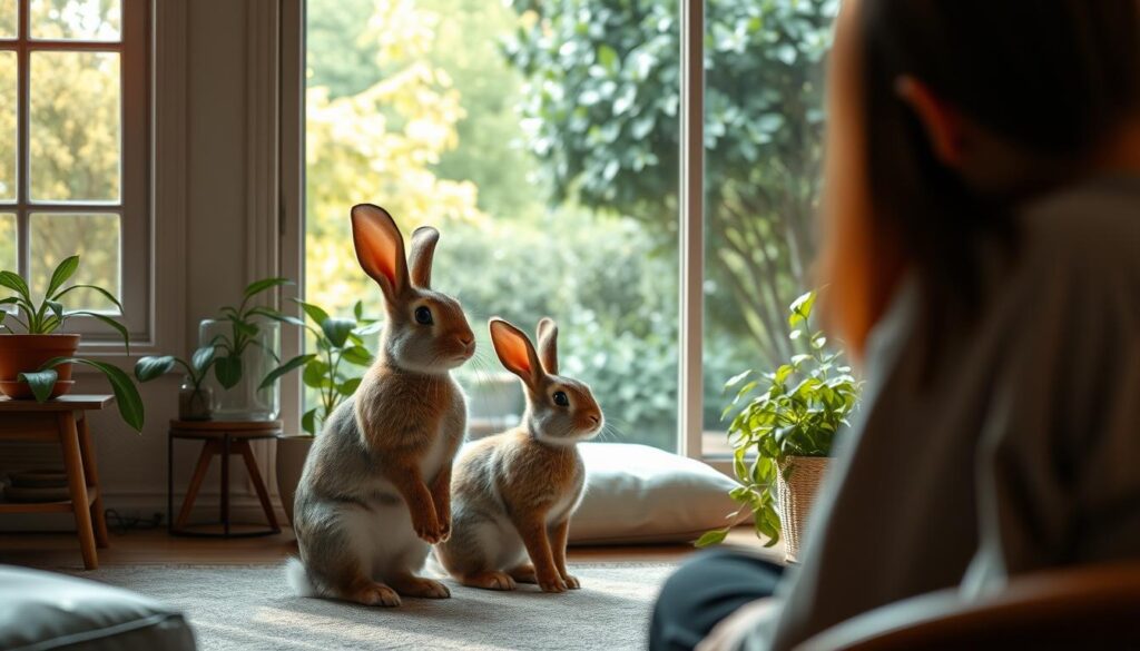 A cozy living room interior with large windows overlooking a lush garden. In the center, a rabbit sits attentively, its ears perked up, as if listening intently to a human conversing nearby. The rabbit's expression is one of focused curiosity, hinting at a potential understanding of the human's words. Soft, natural lighting filters through the windows, creating a warm, inviting atmosphere. The room is tastefully decorated with natural elements, such as potted plants and wooden furniture, reinforcing the idea of a harmonious, nature-inspired environment conducive to interspecies communication.