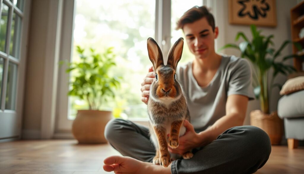 A cozy, well-lit home interior with a large window overlooking a lush green garden. In the foreground, a person sits cross-legged on the floor, gently petting a curious rabbit that has hopped up to investigate. The person's expression is calm and attentive, their body language open and inviting. The rabbit's ears are perked forward, its eyes bright and alert, conveying a sense of mutual understanding and gentle communication between the two. The overall mood is one of peaceful connection and the tranquil exchange of signals, both verbal and nonverbal, between the human and the rabbit.