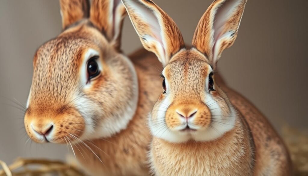 A detailed close-up photograph of a pair of rabbits, one male and one female, in a natural setting. The male rabbit has a larger, more muscular build with a broader head and wider jaws, while the female rabbit has a slender, more delicate frame with a smaller, narrower head. The rabbits are captured in a well-lit, neutral-toned environment that allows their distinct features to be clearly visible. The composition emphasizes the differences in their physical characteristics, showcasing the visual cues that can be used to distinguish the gender of rabbits.