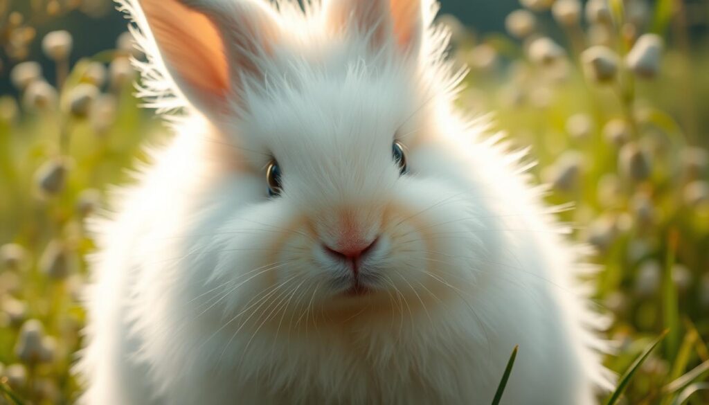 A fluffy, white rabbit with soft, woolly fur and a gentle, calm expression sits in a natural, outdoor setting. The rabbit's large, round eyes gaze directly at the viewer, exuding a sense of tranquility and innocence. The lighting is warm and diffused, creating a serene, pastoral atmosphere. The background features lush, green foliage with delicate details, suggesting a peaceful, countryside environment. The camera angle is slightly elevated, capturing the rabbit's endearing features and proportions in a flattering, three-quarter view. The overall composition is balanced and visually pleasing, highlighting the unique characteristics of the "Angora" or "woolly" rabbit breed.