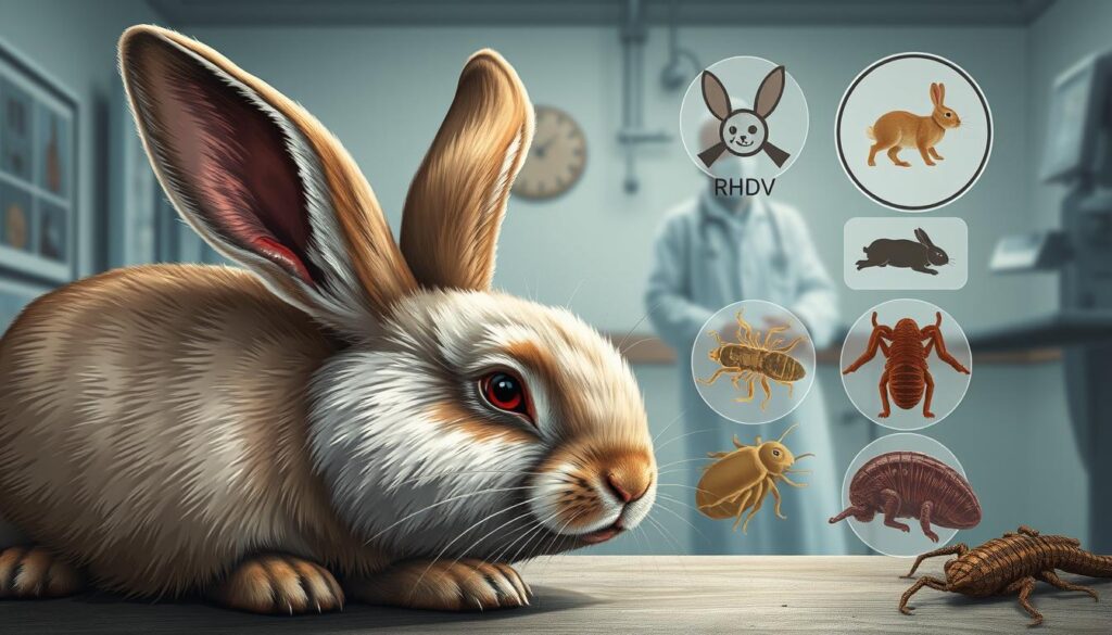 A highly detailed and realistic digital illustration depicting the various health threats faced by rabbits. The foreground showcases a sickly rabbit with visible signs of illness, such as lethargy, matted fur, and discharge from the eyes or nose. In the middle ground, a variety of common rabbit diseases are represented, including myxomatosis, RHDV, and parasitic infections. The background depicts a sterile, clinical environment, with medical equipment and diagnostic imagery, conveying the gravity of the situation. The lighting is soft and muted, creating a somber, cautionary atmosphere. The overall composition and attention to detail aim to educate and inform the viewer about the importance of preventative healthcare for rabbits.