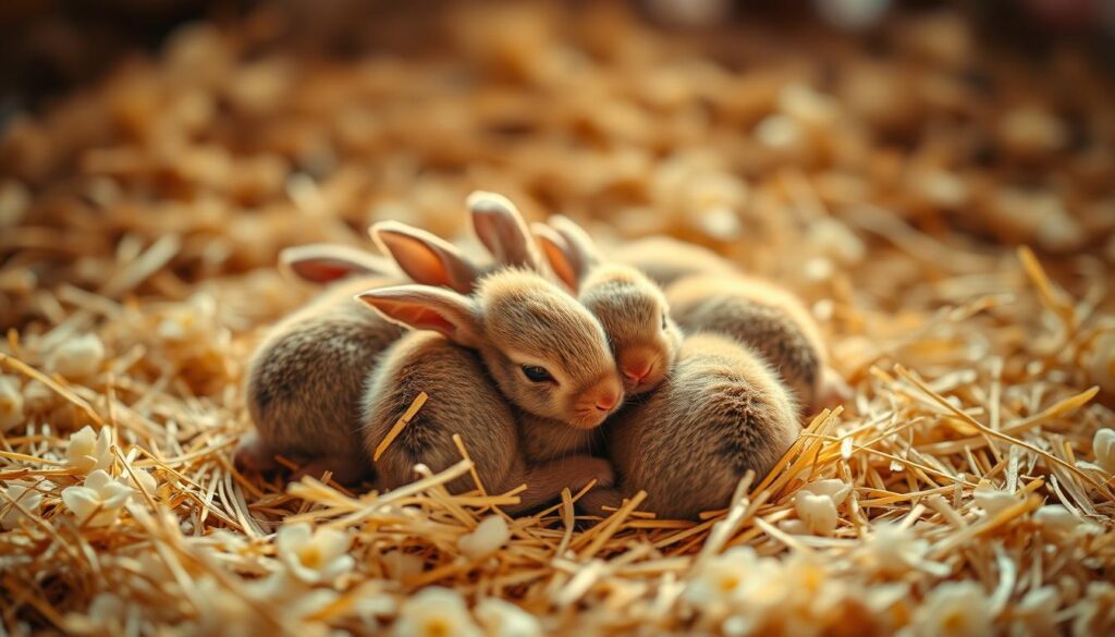A litter of newborn rabbit kits nestled in a soft, fluffy bedding of hay. The kits are bundled together, their tiny bodies curled up as they sleep peacefully. The lighting is warm and gentle, casting a golden glow on the scene. The composition is centered, with the kits filling the foreground and the background blurred, creating a sense of intimacy and focus on the subject. The overall mood is serene and tranquil, conveying the delicate nature of the young rabbits.