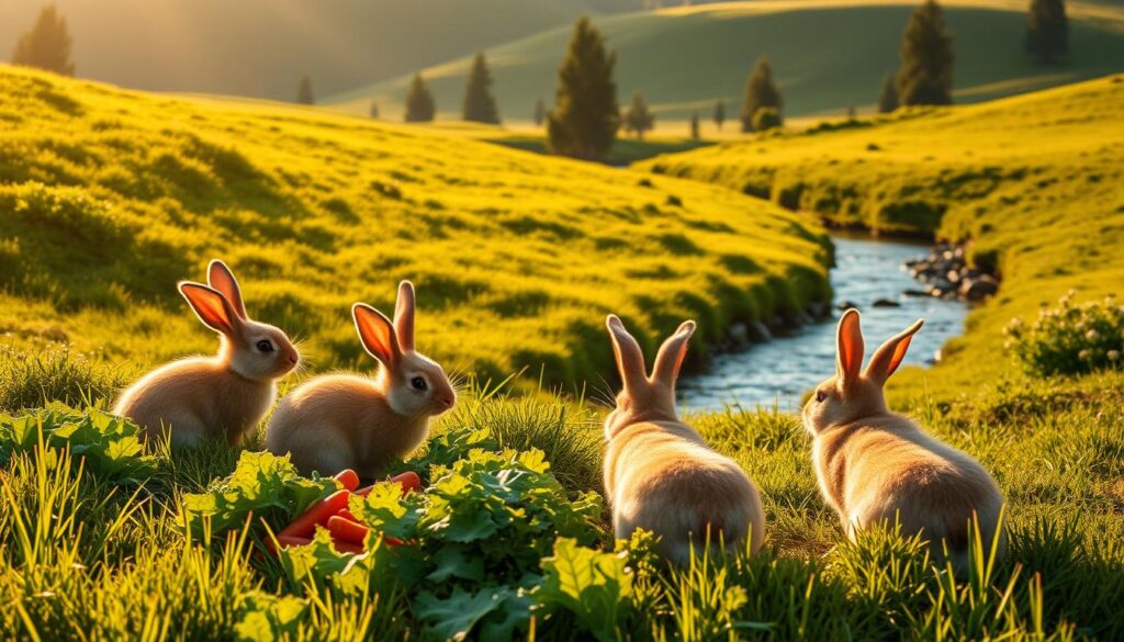 A lush, verdant meadow bathed in warm, golden sunlight. In the foreground, a group of playful rabbits happily munching on a variety of fresh, leafy greens - tender lettuce, crisp carrots, and succulent kale. The rabbits' fluffy tails twitch with delight as they indulge in their natural, balanced diet. In the middle ground, a winding stream gently flows, its crystal-clear waters reflecting the vibrant colors of the surrounding foliage. In the background, rolling hills dotted with tall, swaying trees create a serene, picturesque landscape. The overall scene conveys a sense of harmony, where the rabbits thrive in their optimal, rabbit-friendly environment.