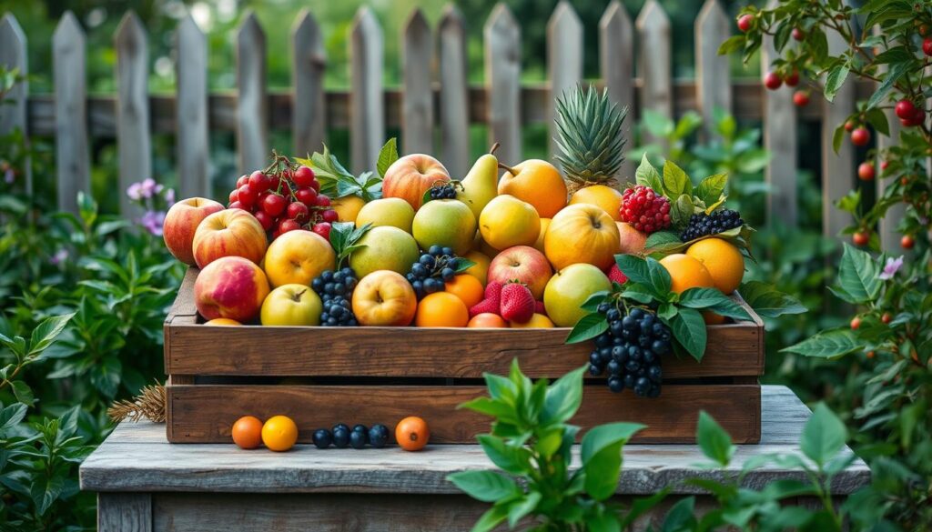 A verdant garden scene with a wooden crate overflowing with a vibrant assortment of fresh fruits, including apples, pears, berries, and citrus. The crate is placed on a weathered wooden table, surrounded by lush foliage and a soft, diffused natural light. In the background, a simple, rustic fence frames the scene, suggesting a peaceful, countryside setting. The overall composition conveys a sense of abundance, health, and the natural rhythm of providing rabbits with a varied and frequent supply of nourishing fruits.