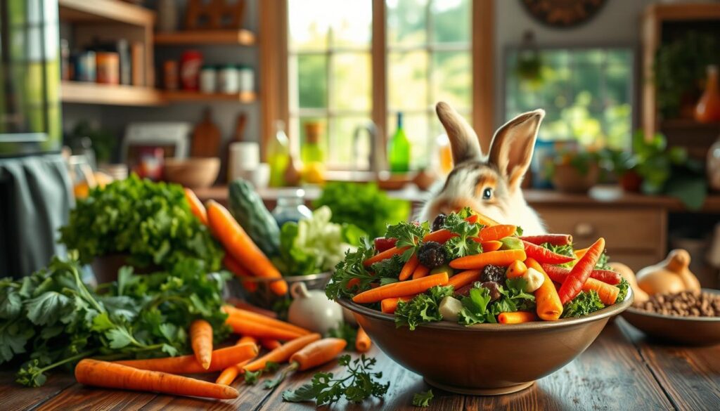A warm, cozy kitchen scene with an abundance of fresh vegetables, herbs, and high-quality rabbit food on a rustic wooden table. In the foreground, a bowl overflows with a colorful mixture of carrots, kale, parsley, and other nutritious ingredients, highlighting the importance of a balanced and varied diet for domestic rabbits. The middle ground features a well-stocked pantry filled with rabbit-safe snacks and supplies, while the background showcases a large, sunny window overlooking a lush, verdant garden, suggesting the abundance of natural resources available for a rabbit's optimal health and well-being. The overall mood is one of care, attention to detail, and a deep appreciation for the specific dietary needs of these beloved pets.