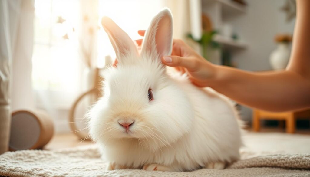 A warm, cozy scene of a fluffy white rabbit sitting contentedly in a well-appointed home, surrounded by the gentle care of its owner. The rabbit's soft, plush fur is meticulously groomed, and its expressive eyes convey a sense of trust and comfort. The owner's hands tenderly stroke the rabbit's head, creating a tranquil, affectionate atmosphere. Soft, diffused lighting filters through a nearby window, illuminating the pair in a serene glow. The background features a tidy, well-organized space, with subtle decorative elements that complement the rabbit's calming presence. An air of nurturing attention and responsible caretaking pervades the scene, reflecting the care and attention required for a healthy, happy rabbit.