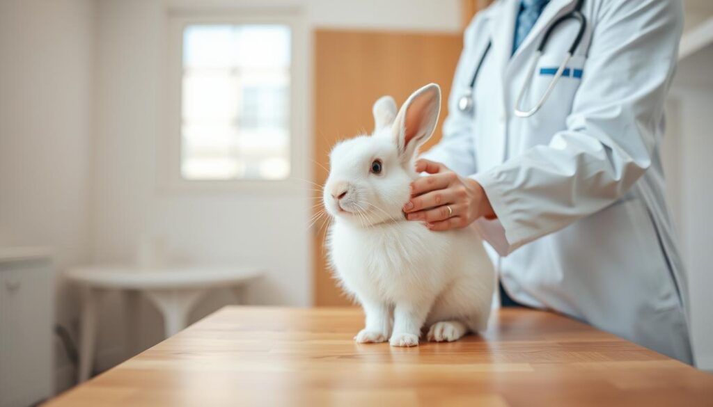 A well-lit, clean veterinary examination room, with a wooden table in the center. On the table, a fluffy white rabbit is calmly sitting, its head tilted slightly as a veterinarian in a white lab coat gently holds it, preparing to administer a vaccination. Soft, diffused lighting illuminates the scene, highlighting the rabbit's attentive expression and the veterinarian's careful, professional demeanor. The background is blurred, creating a sense of focus on the central interaction between the rabbit and the veterinarian.