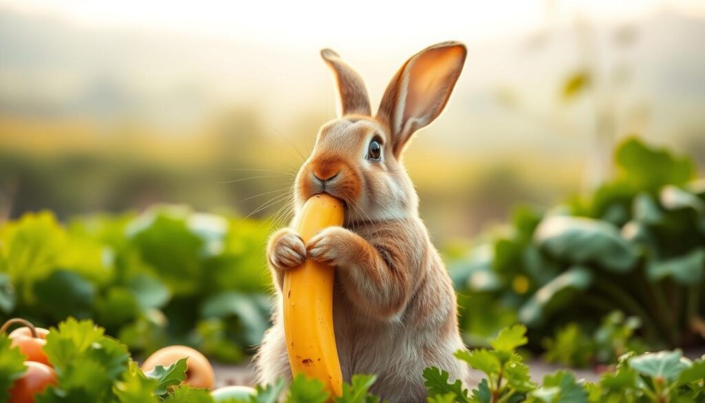 A well-lit, detailed scene depicting a rabbit happily eating a banana. The rabbit is in the foreground, sitting upright and taking a bite from a ripe, yellow banana held in its paws. The middle ground shows a lush, verdant garden setting with other healthy vegetables and greenery surrounding the rabbit. The background is a soft, blurred landscape with a warm, natural lighting that casts a gentle glow on the scene. The overall mood is one of tranquility, contentment, and the introduction of a new, healthy food item into the rabbit's diet.