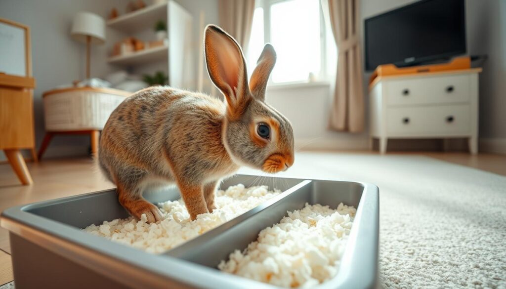 A well-lit, detailed scene of a rabbit standing in a litter box, sniffing and examining the tray filled with soft bedding material. The rabbit's body language suggests a curious, attentive expression as it learns to use the litter box for the first time. The background features a clean, minimalist room with simple furnishings to avoid distractions, allowing the viewer to focus on the rabbit's training process. Soft, natural lighting from a nearby window creates a warm, inviting atmosphere, emphasizing the educational nature of the scene. The camera angle is positioned at the rabbit's eye level, conveying a sense of engagement and understanding between the viewer and the learning animal.