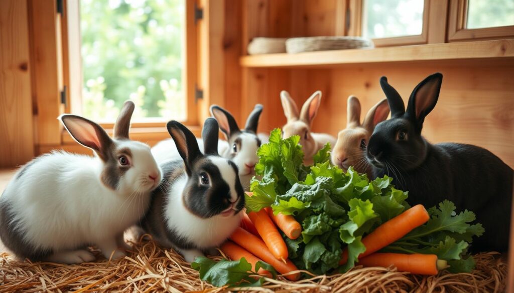 A well-lit, high-quality photograph of a cozy rabbit hutch interior. In the foreground, a group of healthy, happy rabbits are gathered around a selection of fresh vegetables and leafy greens, such as carrots, lettuce, and kale. The rabbits are portrayed in a natural, relaxed pose, reflecting their content state as they enjoy their nutritious meal. The middle ground features the wooden walls and shelves of the hutch, providing a warm and inviting atmosphere. The background hints at a serene outdoor setting, with a glimpse of green foliage visible through the hutch's open windows, suggesting a comfortable, farm-like environment. The lighting is soft and natural, highlighting the vibrant colors of the produce and the rabbits' fluffy coats. Overall, the image conveys a sense of tranquility and the healthy, well-cared-for lifestyle of these captivating rabbits.