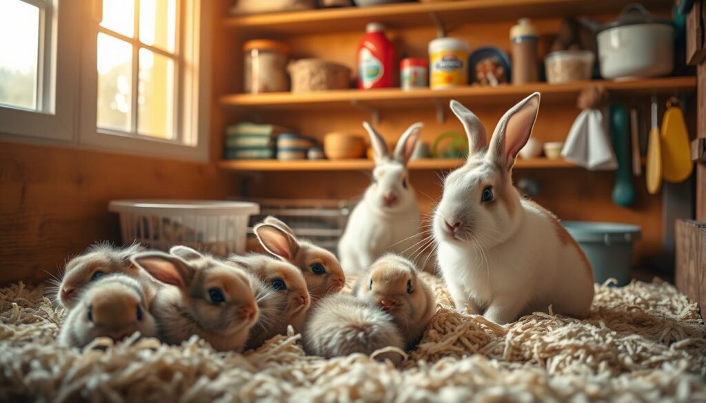 A well-lit indoor scene showcasing a cozy rabbit hutch. In the foreground, a litter of fluffy baby rabbits nestled in soft bedding. In the middle ground, an adult rabbit sitting upright, alert and curious. In the background, shelves displaying various rabbit care products like feed, toys, and grooming tools. Warm, natural lighting filters through a window, casting a gentle glow over the scene. The overall mood is one of domestic tranquility and expert rabbit husbandry.