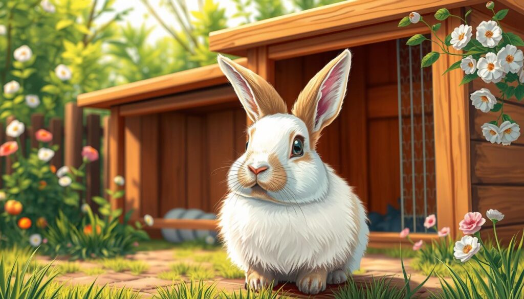Detailed illustration of a rabbit, showcasing its distinctive features. A fluffy, white rabbit sits in the foreground, its soft fur and alert expression meticulously rendered. The middle ground depicts a cozy rabbit hutch, with wooden panels and a metal mesh door, providing a comfortable living space. In the background, a verdant garden setting with lush greenery and blooming flowers creates a serene, natural atmosphere. Warm, natural lighting bathes the scene, highlighting the rabbit's delicate features and the hutch's rustic charm. The overall composition conveys the essence of rabbits as endearing, gentle creatures deserving of attentive care and a nurturing environment.