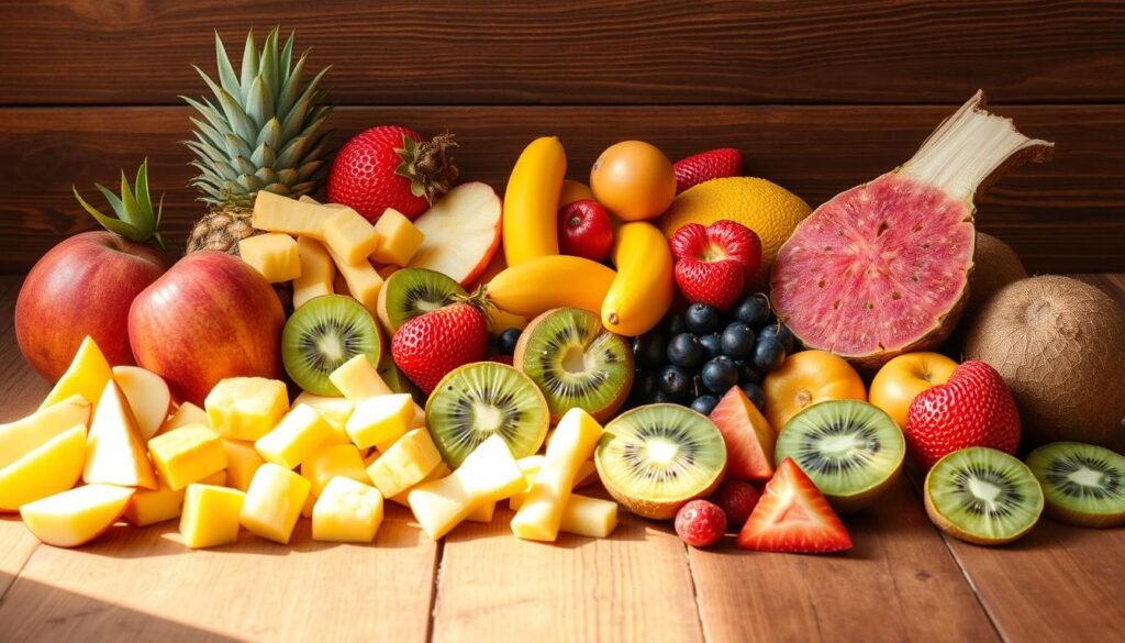 A bountiful display of fresh, vibrant fruits arranged on a rustic wooden table, bathed in warm, natural lighting. An assortment of dog-friendly options, such as sliced apples, chunks of pineapple, and halves of kiwi, create a visually appealing and enticing composition. The fruits are carefully positioned to showcase their individual textures and colors, inviting the viewer to explore the healthful, canine-safe delights. A sense of balance and harmony pervades the scene, hinting at the nutritional benefits these treats can provide for our beloved four-legged companions.