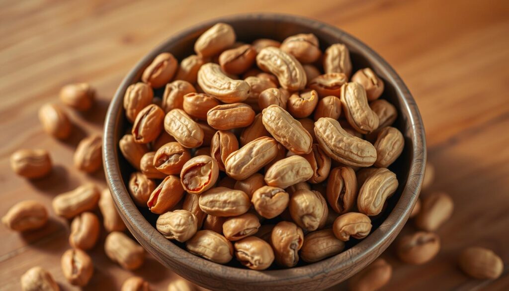 A bowl of freshly roasted peanuts, their golden-brown shells glistening under soft, warm lighting. The nuts are arranged in a natural, scattered pattern, casting subtle shadows on the smooth, wooden surface. The scene exudes a cozy, inviting atmosphere, hinting at the wholesome and nutritious treat these peanuts can provide for a furry canine companion. The image captures the essence of a healthy, guilt-free snack that a dog can safely enjoy, conveying the message that peanuts can be a beneficial addition to a dog's diet when fed in moderation.