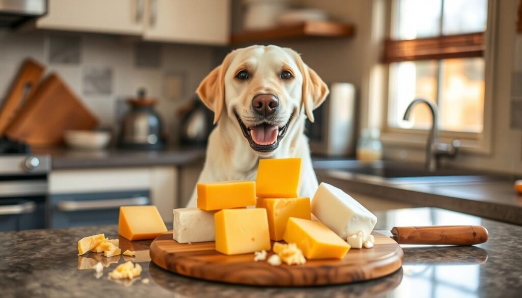 A cheerful Labrador retriever dog seated on a kitchen counter, surrounded by an assortment of safe, dog-friendly cheeses, such as cheddar, cottage, and mozzarella. The cheese blocks are arranged neatly on a wooden cutting board, with a few crumbs and shreds scattered playfully around the dog. Warm, natural lighting from a nearby window creates a cozy, homey atmosphere, highlighting the dog's friendly expression as it gazes inquisitively at the camera. The scene conveys a sense of safety, comfort, and the close bond between the dog and its human companions.