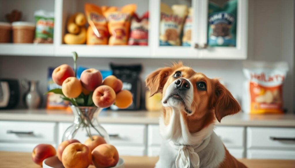 A cheerful, well-lit kitchen scene with a vase of fresh fruits on the counter, including peaches, apples, and bananas. In the foreground, a curious dog peers up at the fruits, its head tilted to the side. In the background, shelves display various healthy dog treats and kibble. The lighting is soft and natural, creating a warm, inviting atmosphere. The composition emphasizes the introduction of new fruits into the dog's diet, with the dog's expression conveying a sense of interest and anticipation.