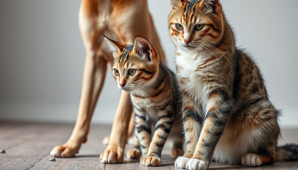 A close-up comparison of the distinct biological features of a dog and a cat, showcasing their unique anatomical differences. The foreground depicts the sleek, agile body of a feline alongside the muscular, sturdy frame of a canine, their contrasting paws, claws, and facial structures clearly visible. The middle ground highlights the varied coat textures, colors, and patterns, emphasizing the diversity between the two species. The background subtly suggests a natural, minimalist setting, allowing the subjects to be the focal point. The lighting is soft and diffused, casting gentle shadows to accentuate the forms and textures. The overall mood is one of scientific curiosity and visual harmony, inviting the viewer to explore the inherent biological disparities between these two beloved domestic animals.