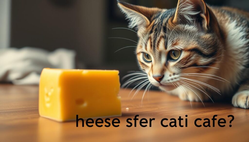 A close-up, detailed shot of a curious cat examining a wedge of cheddar cheese on a wooden table, against a slightly blurred, warm-toned background. The lighting is soft and diffused, creating a cozy, homely atmosphere. The cat's expression conveys cautious interest, as if contemplating whether to approach the cheese. The image should convey the central question of whether cheese is safe for cats to consume, without any text overlays or distracting elements.