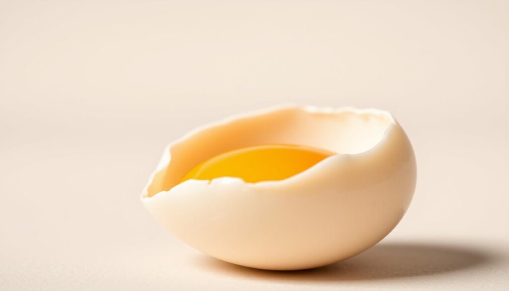 A close-up, detailed shot of a hard-boiled egg shell, its smooth, off-white surface filling the frame against a neutral, minimalist background. The shell appears slightly cracked, exposing the yolk-colored interior, conveying the idea of a dog-friendly, whole egg meal. Soft, natural lighting from the side casts gentle shadows, emphasizing the eggshell's delicate texture and form. The composition is clean and uncluttered, allowing the viewer to focus on the egg as the central subject, hinting at its role as a nutritious canine snack.