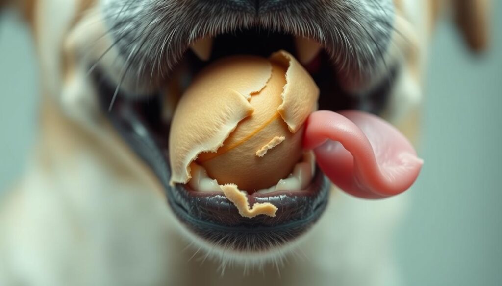 A close-up, detailed view of a dog's mouth with a pistachio shell lodged in its gums. The shell is jagged and cracked, a testament to the dog's attempt to chew and ingest the nut. The dog's tongue is visible, slightly protruding, and its teeth are exposed, suggesting discomfort or pain. The lighting is soft and diffused, creating a sense of clinical observation, emphasizing the problematic nature of the situation. The background is blurred, keeping the focus solely on the dog's mouth and the troublesome pistachio shell.