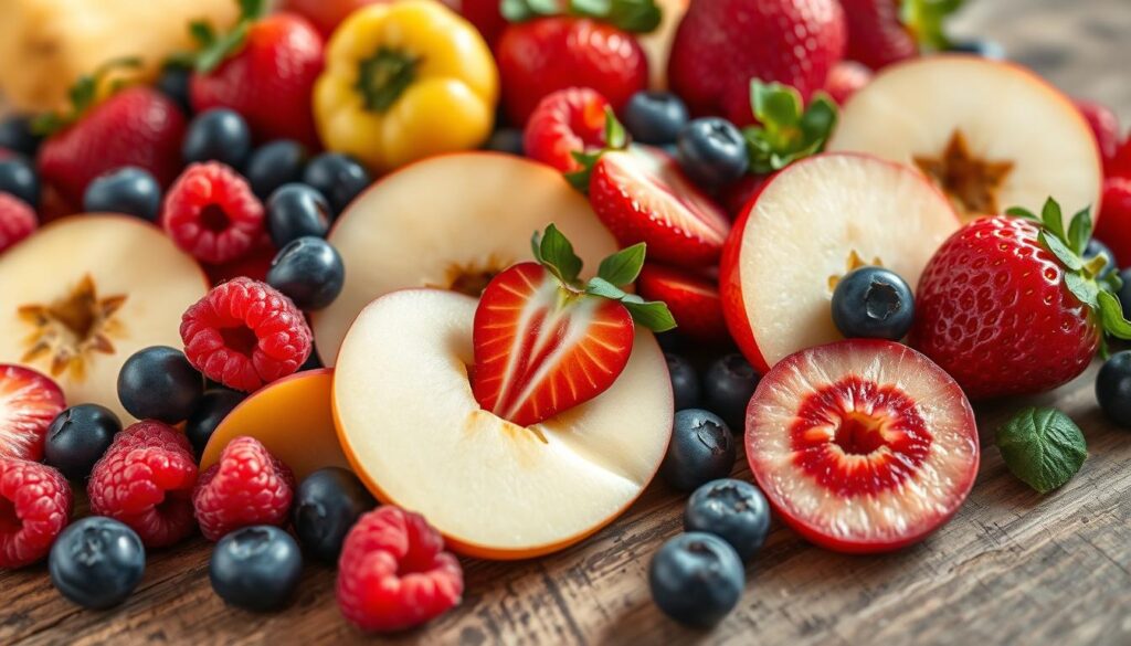 A close-up, high-resolution, detailed still life photograph of an assortment of ripe, juicy fruits that are safe for dogs to eat, arranged on a rustic wooden surface in natural lighting. The composition features a visually appealing arrangement of various fruits such as blueberries, raspberries, strawberries, and apple slices, showcasing their vibrant colors and textures. The lighting is soft and diffused, creating a warm, inviting atmosphere that highlights the natural beauty of the fruits. The image conveys a sense of health, freshness, and wholesome goodness, suitable for illustrating a section on dog-safe fruits.