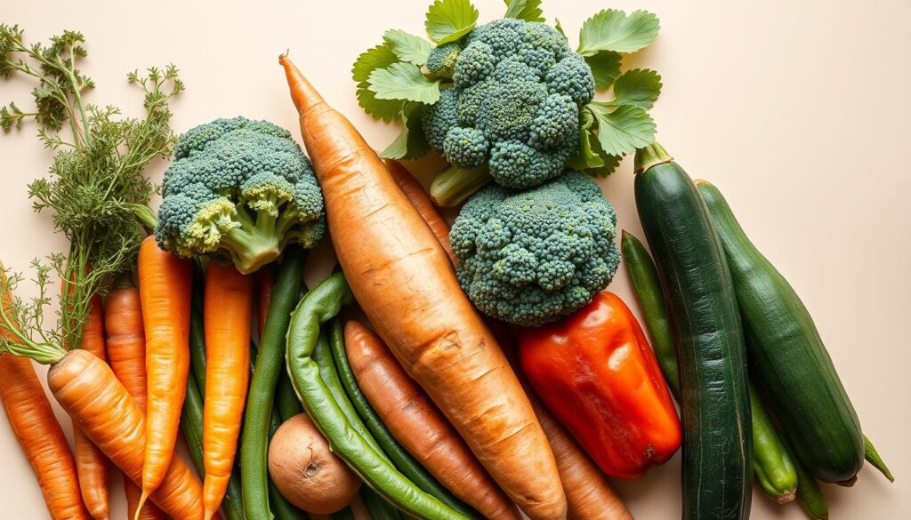 A close-up, high-resolution, hyper-detailed image of a variety of fresh, vibrant vegetables arranged in a visually appealing display on a clean, bright background. The vegetables should include carrots, broccoli, sweet potatoes, green beans, and zucchini, all carefully selected and positioned to showcase their natural colors and textures. The lighting should be soft and natural, with a slight directional quality to create depth and dimension. The overall composition should have a clean, minimalist aesthetic, allowing the vegetables to be the focal point and conveying a sense of health and vitality.