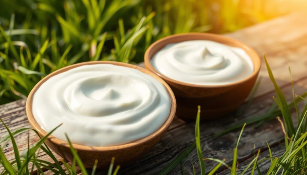 A close-up, high-resolution photograph of a bowl filled with natural, creamy yogurt, situated on a rustic wooden table. The yogurt's surface is smooth and inviting, with a light sheen. The table is surrounded by lush, green grass, creating a serene, outdoor setting. Soft, natural lighting filters through the scene, casting a warm, golden glow. The image conveys a sense of health, nourishment, and the benefits of natural yogurt for a dog's well-being.