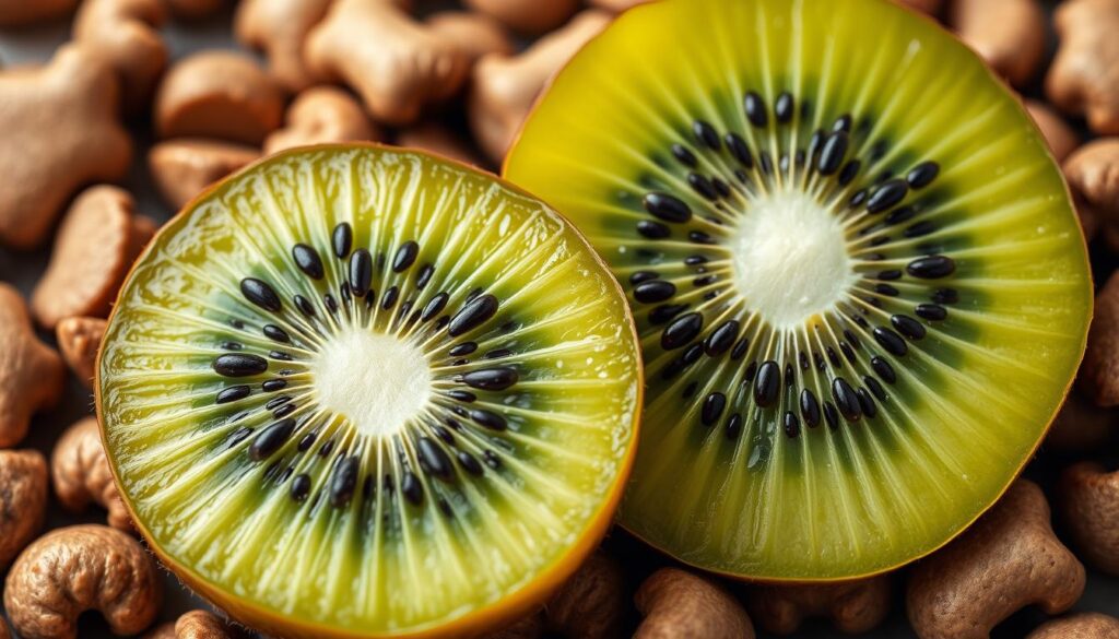 A close-up, high-resolution photograph of a juicy, freshly-cut kiwi fruit placed next to dog food kibble, shot in natural lighting with a shallow depth of field. The kiwi's bright green flesh and black seeds are prominently displayed, contrasting with the brown and tan hues of the dog food. The composition emphasizes the size difference between the small kiwi and the larger dog food pieces, suggesting the potential suitability or unsuitability of the fruit for canine consumption. The image has a neutral, scientific tone, suitable for an educational article examining the role of kiwi in a dog's diet.