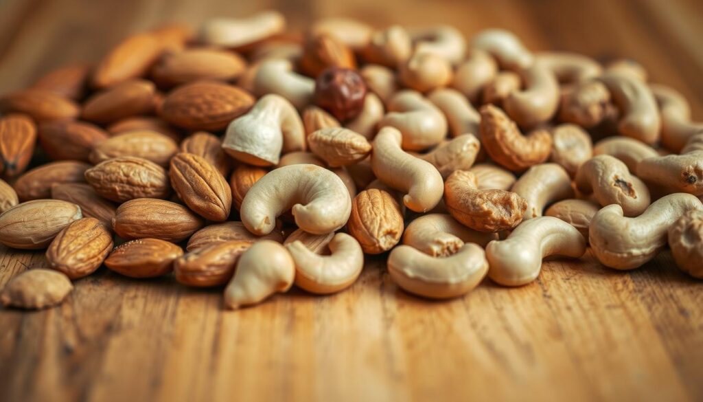 A close-up, high-resolution photograph of an assortment of dog-safe nuts arranged on a wooden table, with a natural, warm lighting that highlights their textures and colors. The nuts should include almonds, cashews, and peanuts, displayed in a visually appealing and organized manner. The image should convey a sense of safety and suitability for canine consumption, with a clean, uncluttered background that allows the nuts to be the focal point.