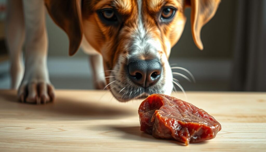 A close-up, high-resolution, photorealistic image of a dog examining a piece of raw, reddish-brown liver on a light wooden surface. The dog's expression is cautious, as if unsure of the unfamiliar food item. Soft, natural lighting illuminates the scene, creating subtle shadows and highlights that enhance the textures. The background is blurred, placing the focus on the interaction between the dog and the liver. The overall mood is one of curiosity and slight apprehension, reflecting the question of whether liver is safe for the canine's consumption.