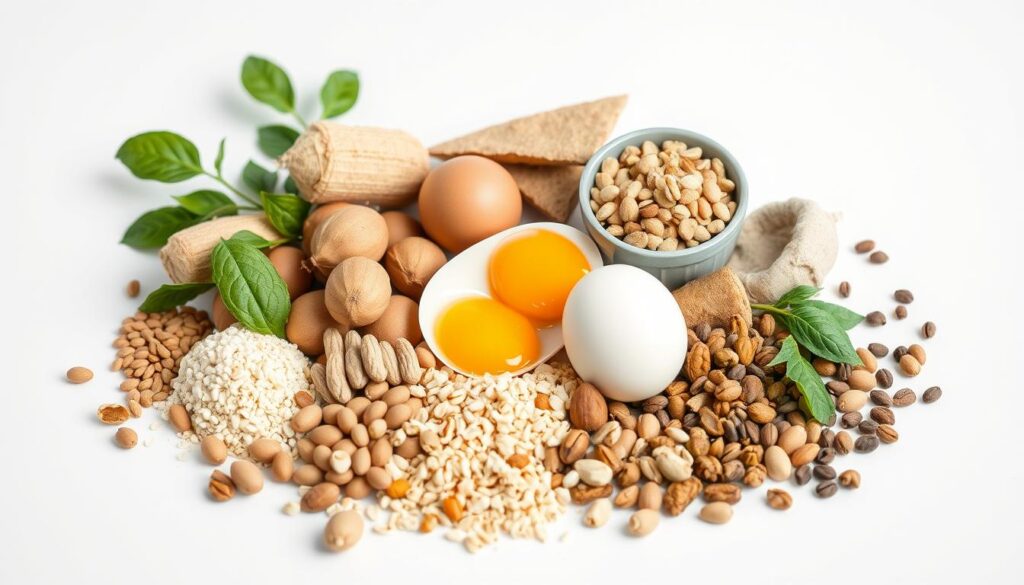 A close-up, high-resolution, studio-lit photograph of a selection of alternative protein sources to eggs, including soy-based products, legumes, nuts, and seeds, artfully arranged on a clean, minimalist white background. The lighting is soft and even, emphasizing the textures and colors of the various foods. The composition is balanced and visually appealing, conveying a sense of healthy, plant-based nutrition. The overall mood is one of simplicity, purity, and nutritional value.