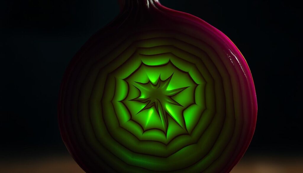 A close-up, macro shot of the cross-section of a fresh, purple onion, revealing its intricate, concentric layers. The onion appears to be glowing with an eerie, toxic green hue, emitting a sense of danger and caution. The lighting is dramatic, casting deep shadows that accentuate the onion's ominous appearance. The background is blurred, keeping the focus solely on the toxic, layered structure of the onion. The overall mood is one of scientific curiosity and subtle horror, inviting the viewer to closely examine the hidden, potentially harmful nature of this everyday ingredient.