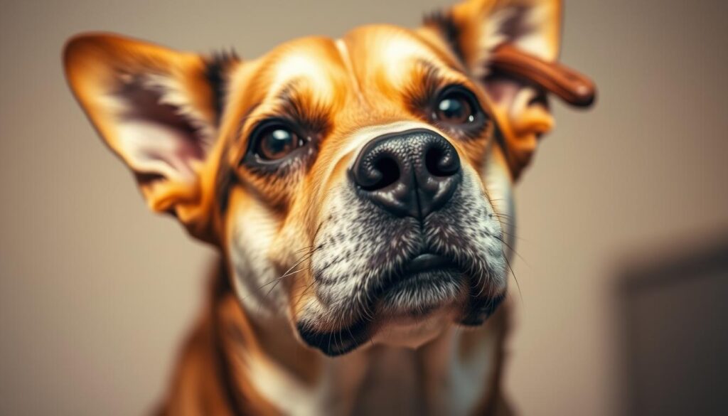 A close-up of a worried-looking dog, its head tilted slightly to the side and ears perked up in a concerned expression. The dog's eyes are wide and its brow is furrowed, conveying a sense of discomfort or distress. The dog's muzzle is slightly parted, as if about to let out a whimper or quiet stifled bark. The background is blurred, with a soft, warm lighting that creates a gentle, soothing atmosphere, drawing the viewer's attention to the dog's emotive features. The image captures the essence of a dog experiencing some form of physical or emotional discomfort, reflecting the subject of the article section "Dlaczego pies stęka".