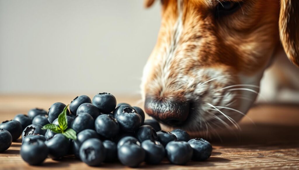 A close-up photograph of a dog sniffing and examining a cluster of ripe, juicy blueberries on a wooden surface. The dog's curious expression and the vibrant colors of the berries create a sense of intrigue and wonder. Soft, diffused natural lighting illuminates the scene, casting gentle shadows and highlighting the textures. The composition places the dog and the berries in the foreground, with a blurred, neutral background to maintain the focus on the central elements. The overall mood is one of peaceful curiosity, inviting the viewer to consider the potential health benefits of dogs consuming blueberries.