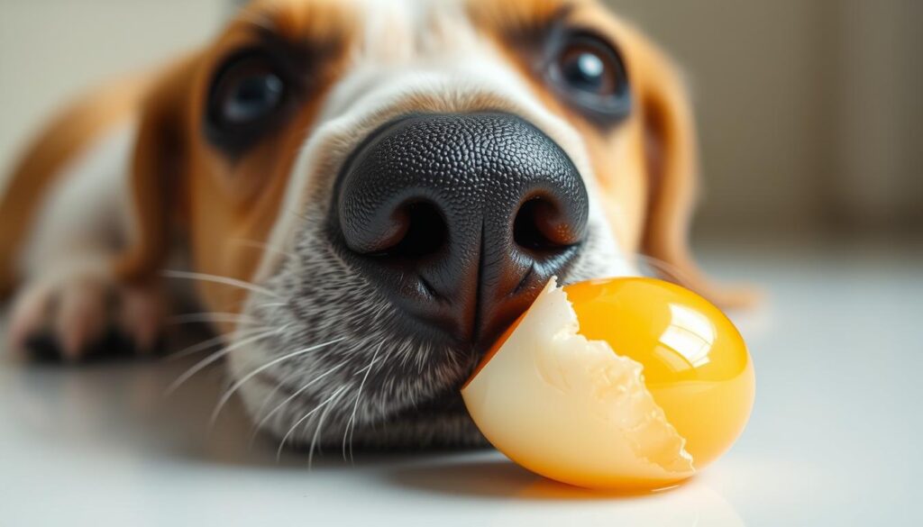 A close-up photograph of a dog's snout, intently focused on a raw, glistening egg yolk resting on a clean, white surface. The dog's eyes are wide and curious, its nose twitching as it cautiously investigates the unfamiliar object. The lighting is soft and natural, illuminating the delicate textures of the egg and the dog's fur. The background is blurred, keeping the viewer's attention firmly on the interaction between the canine and the raw egg. The overall mood is one of quiet contemplation, inviting the viewer to consider the potential safety and implications of a dog consuming uncooked eggs.