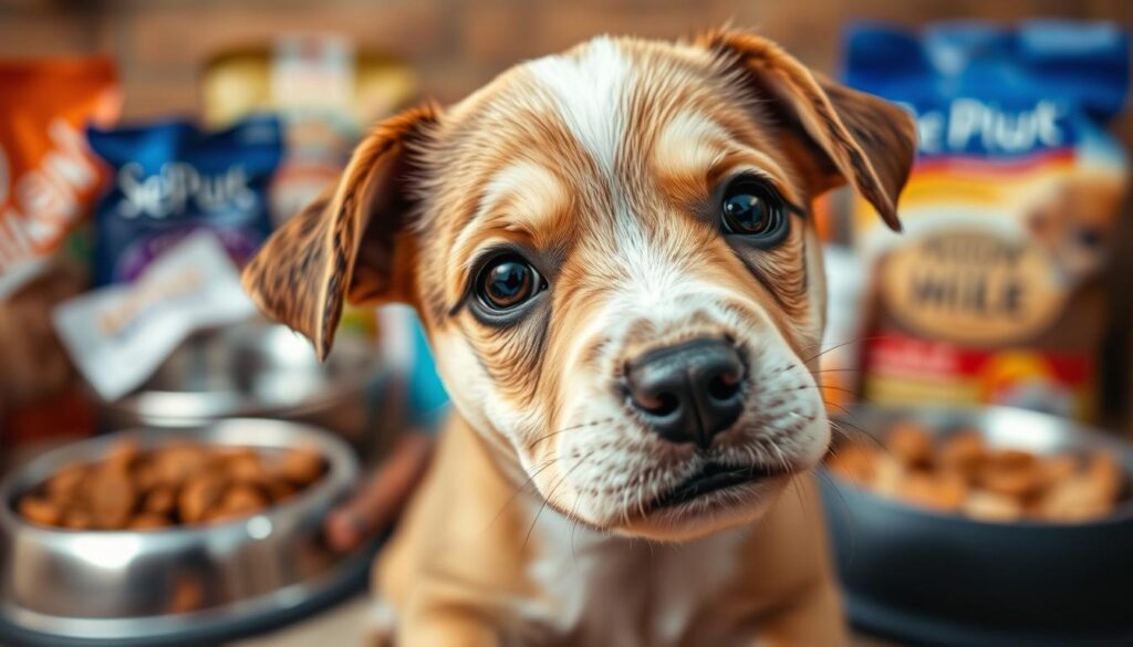 A close-up photograph of a puppy's face, with a soft, warm lighting illuminating its features. The puppy's expression is curious and alert, as it gazes directly at the camera. In the background, blurred but visible, are various pet food bowls, treats, and other nutritional supplies, suggesting the special dietary needs of young dogs. The composition emphasizes the puppy's centrality, drawing the viewer's attention to its nutritional requirements. The overall mood is one of care, nurturing, and the importance of providing the right sustenance for a growing pup.
