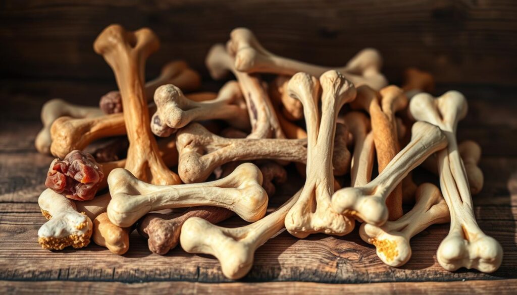 A close-up photograph of a selection of safe, healthy dog bones arranged on a rustic wooden surface. The bones should be of various sizes and shapes, with a mix of beef, chicken, and lamb varieties. Soft, natural lighting illuminates the scene, casting gentle shadows and highlighting the textures of the bones. The composition should be balanced and visually appealing, inviting the viewer to imagine these bones as a nutritious, safe treat for a beloved canine companion. The overall mood should convey a sense of care, warmth, and nourishment.