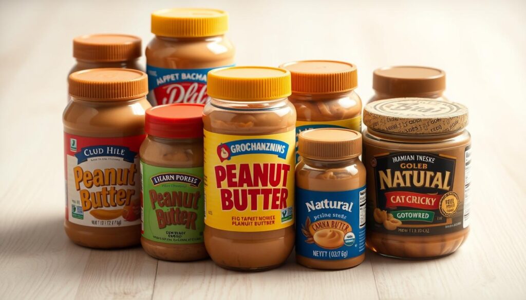 A close-up photograph of various types of peanut butter jars, including smooth, crunchy, and natural varieties, arranged on a light wooden surface. The jars are well-lit, showcasing their textures and colors, with a soft, diffused light creating subtle shadows. The composition emphasizes the different peanut butter options, inviting the viewer to consider which would be the safest and most suitable for a dog's consumption. The overall mood is informative and educational, guiding the viewer towards making an informed decision about feeding peanut butter to their canine companion.