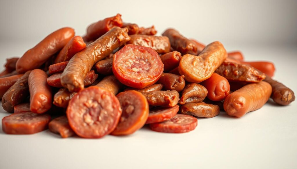 A close-up, photorealistic image of a pile of processed meat products, such as sausages, hot dogs, or bologna, arranged on a plain background. The meats should appear greasy, discolored, and unappealing, conveying an unhealthy and unappetizing impression. Soft, diffused lighting from the side creates subtle shadows, emphasizing the texture and unnatural appearance of the processed meats. The composition should fill the frame, leaving little empty space, to focus the viewer's attention on the potentially harmful nature of these processed meat products for a dog's health.
