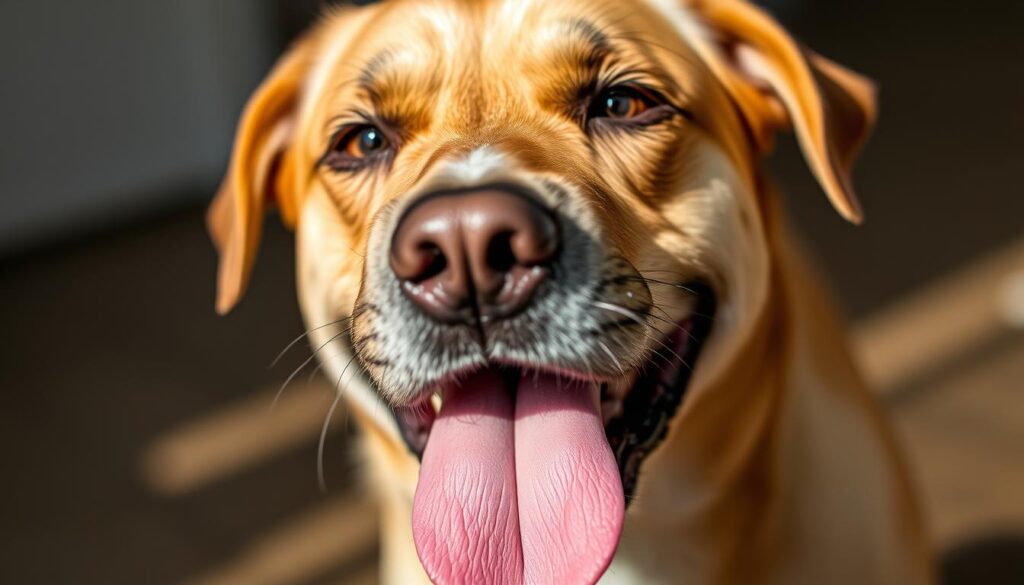 A close-up portrait of a panting dog, its tongue hanging out, capturing the essence of "Dlaczego pies dyszy." The canine's face fills the frame, its features expressive, conveying a sense of distress or discomfort. The lighting is soft and natural, casting gentle shadows that accentuate the dog's facial details. The background is blurred, allowing the viewer to focus solely on the subject. The image exudes a sense of curiosity and concern, inviting the viewer to ponder the reasons behind the dog's heavy breathing.