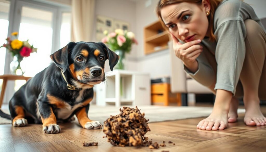 A close-up shot of a concerned dog owner examining their pet's stool on the living room floor, with a vase of fresh flowers and a tidy, well-lit domestic interior in the background. The dog appears uneasy, with a slightly guilty expression, as the owner assesses the situation with a thoughtful, problem-solving gaze. The scene conveys a sense of understanding and a desire to address the issue in a caring, responsible manner, reflecting the article's focus on identifying and resolving health-related factors behind a dog's indoor defecation.