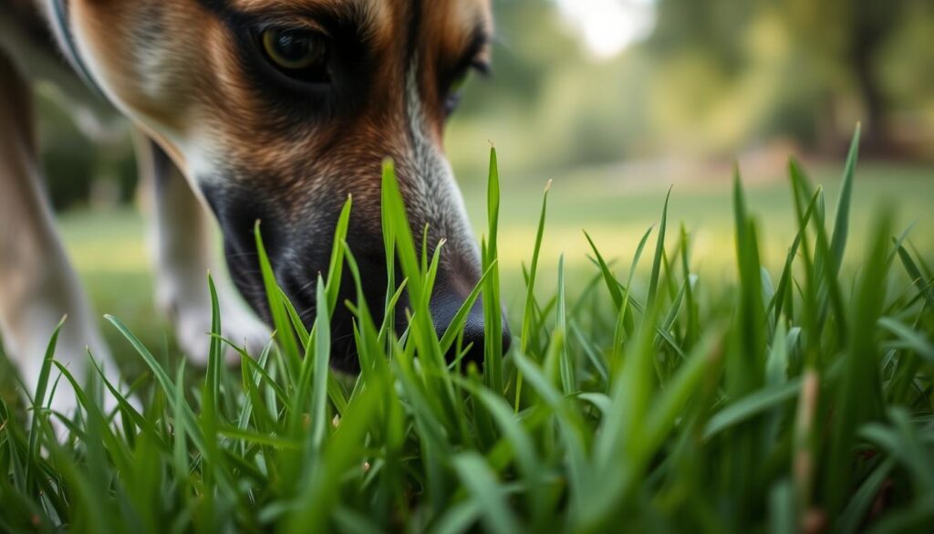 A close-up shot of a curious dog sniffing and investigating a patch of fresh green grass, its nose gently touching the blades. The dog's expression is inquisitive, with a hint of caution. The grass is vibrant and detailed, filling the foreground, while a blurred, peaceful outdoor environment forms the background. Soft, natural lighting illuminates the scene, creating a calming, contemplative atmosphere. The image conveys the dog's instinctual behavior to explore its surroundings, raising the question of whether this common action may be harmful or not.