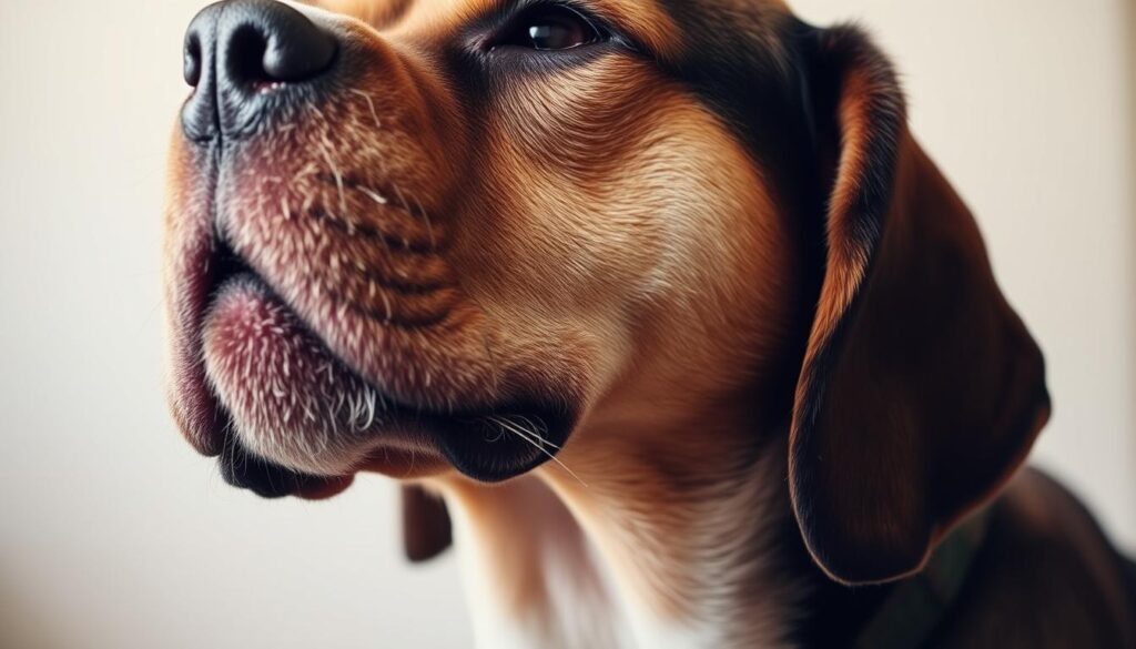 A close-up shot of a dog's head, with a focused view on its ear and neck area. The skin appears dry, flaky, and reddish, indicating the presence of dandruff or seborrheic dermatitis. The lighting is soft and diffused, creating a warm, comforting atmosphere. The background is blurred, drawing the viewer's attention to the dog's affected skin. The image conveys a sense of concern and the need for a remedy, setting the stage for the section on treating a dog's dandruff.