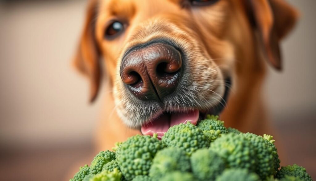 A close-up shot of a dog's muzzle, nostrils flaring, as they sniff at a pile of bright green broccoli florets. The dog's eyes are alert and curious, their tongue slightly parted. The background is blurred, focusing the viewer's attention on the interaction between the dog and the vegetable. Warm, natural lighting casts a soft glow, highlighting the textures of the dog's fur and the waxy surface of the broccoli. The composition is balanced, with the dog's head positioned slightly off-center, creating a sense of dynamic tension. The overall mood is one of discovery and interest, inviting the viewer to consider the potential health benefits of incorporating broccoli into a dog's diet.