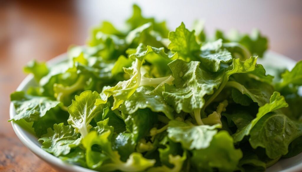 A close-up shot of a fresh, vibrant green salad with crisp, succulent leaves arranged neatly on a white ceramic plate. The salad appears to be a mixture of different lettuce varieties, including romaine, butterhead, and leafy greens, all glistening with a light mist of water droplets. The lighting is soft and natural, casting a gentle, warm glow on the salad, highlighting its healthy, vibrant appearance. The background is blurred, creating a sense of focus and emphasis on the salad as the central subject. The overall mood is one of purity, freshness, and the natural goodness of a nutritious, dog-friendly meal.